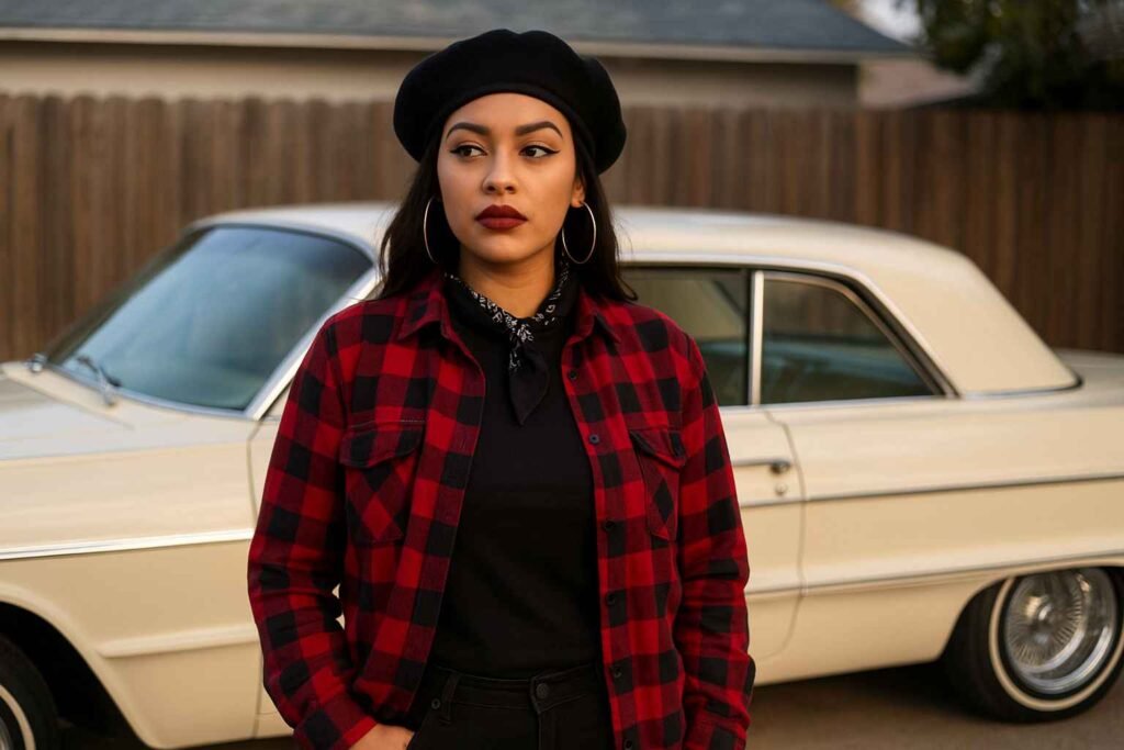 A young Chicana woman in a plaid flannel shirt, hoop earrings, and sleek makeup poses confidently in an urban setting, representing the classic Cholo and Chola aesthetic in Chicano fashion.