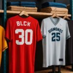 Colorful wholesale jerseys hanging on display racks, showcasing different team designs and high-quality fabric.