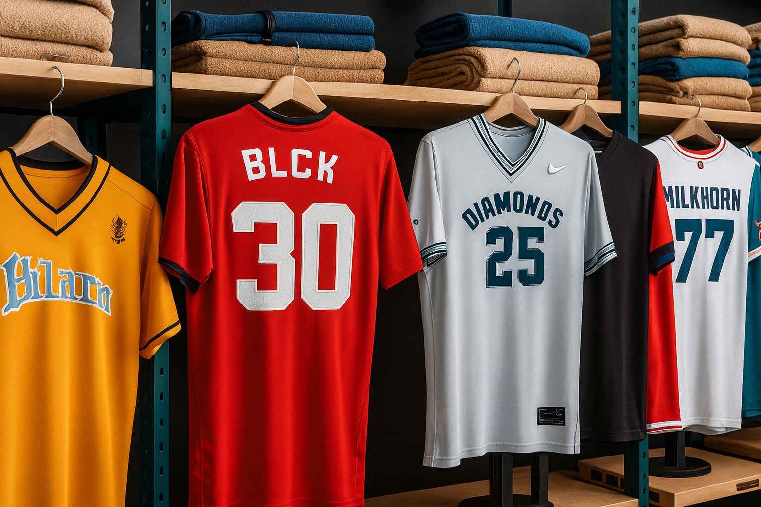 Colorful wholesale jerseys hanging on display racks, showcasing different team designs and high-quality fabric.