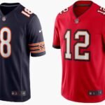 Football jerseys showcase featuring navy and red American football uniforms side by side