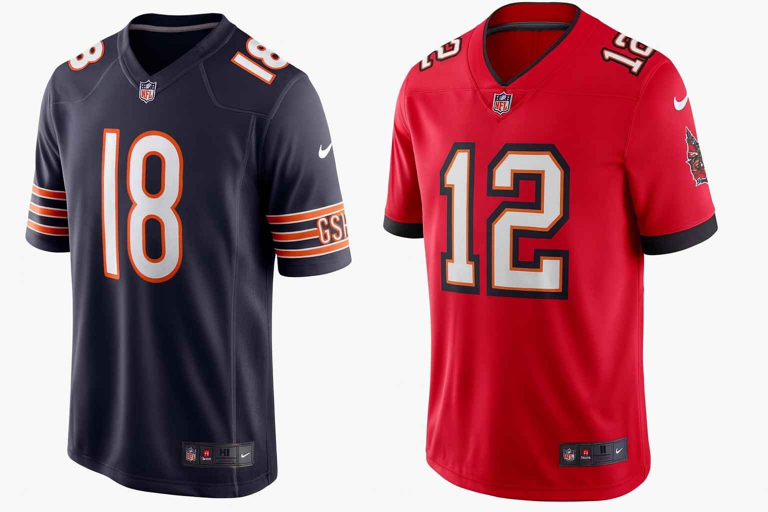 Football jerseys showcase featuring navy and red American football uniforms side by side