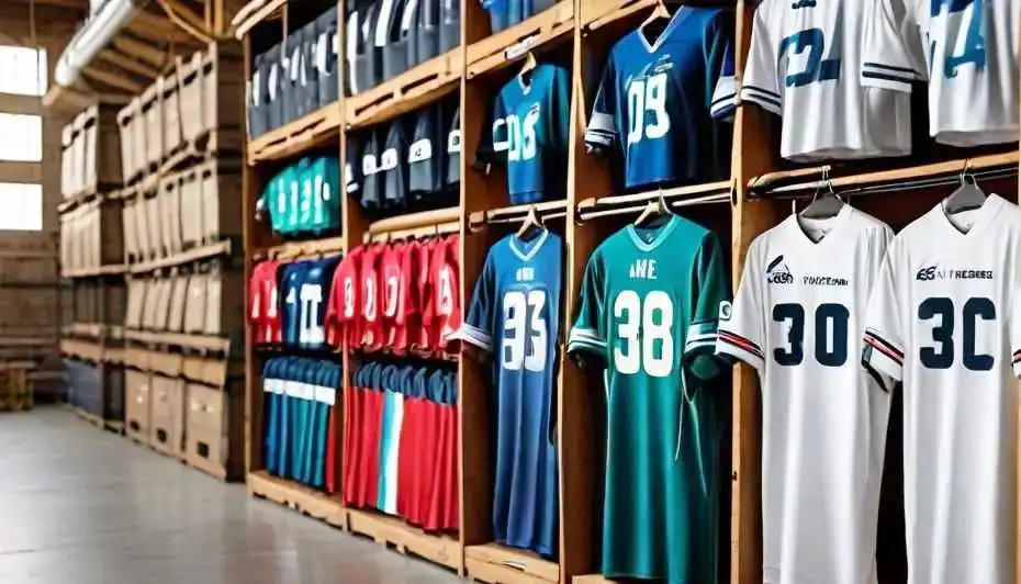 jerseys of different color size and models in racks