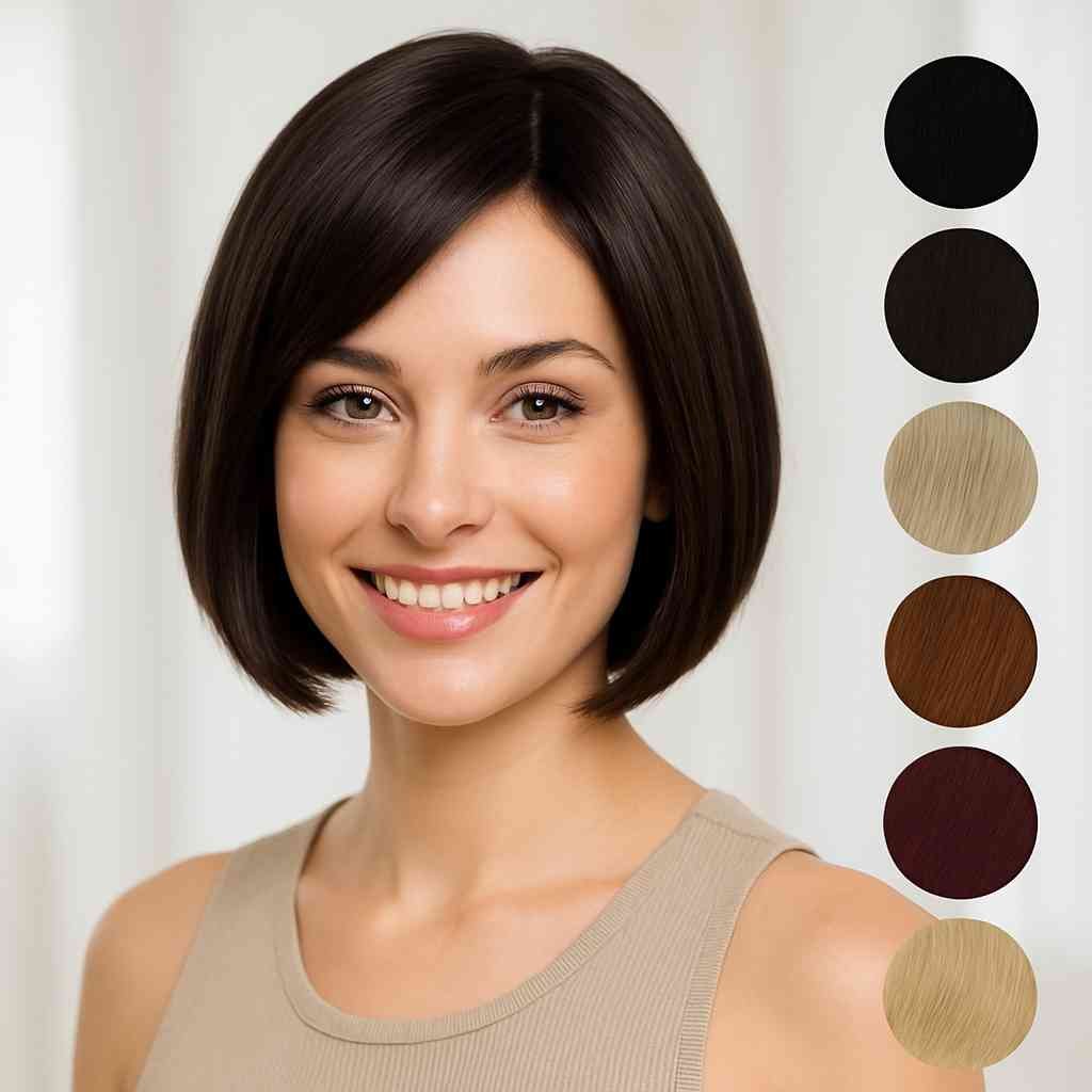 Smiling young woman modeling the Chade Cutie Too Fashion Synthetic Full Wig – CTT212 in dark brown, with six semi‑transparent color swatches