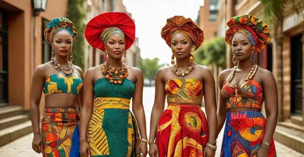 Four stylish African women wearing vibrant African fashion dresses in Ankara and Kente prints, accessorized with traditional headwraps and jewelry, standing confidently on a city street.
