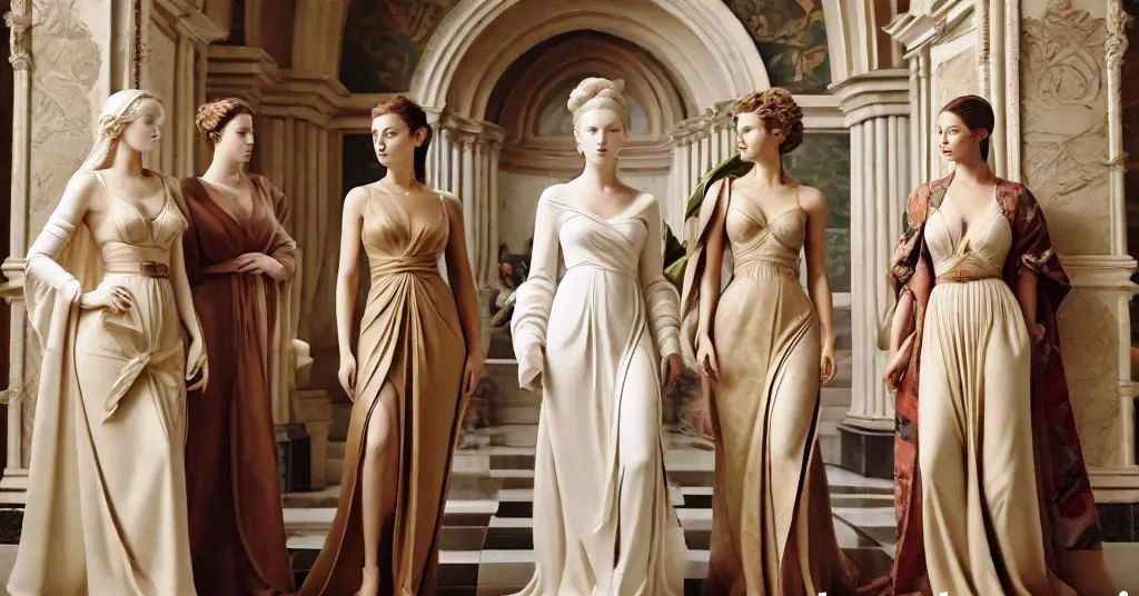 Scene showing where fig leaves came into fashion with Renaissance-inspired women in elegant gowns.
