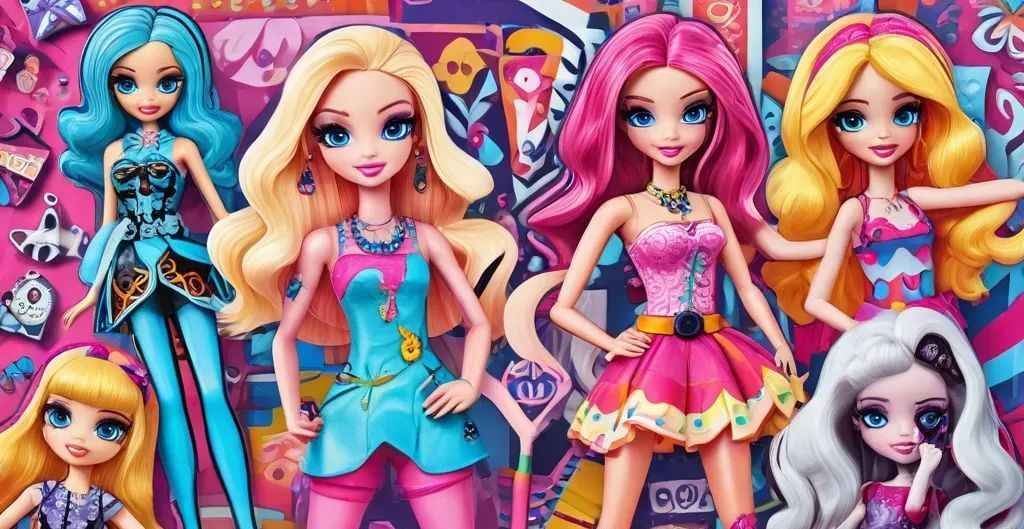Collage of fashion toys from Mattel crossword featuring Barbie, Monster High, Polly Pocket, and Enchantimals with a crossword clue in the background.