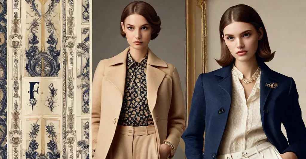 Two elegantly dressed models showcasing a french fashion monogram since 1962 on tailored jackets in a vintage-inspired setting.