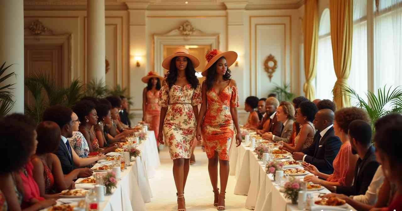 Elegant models walk the runway during The Links Brunch Fashion Show, surrounded by stylishly dressed guests at a luxurious brunch setting.