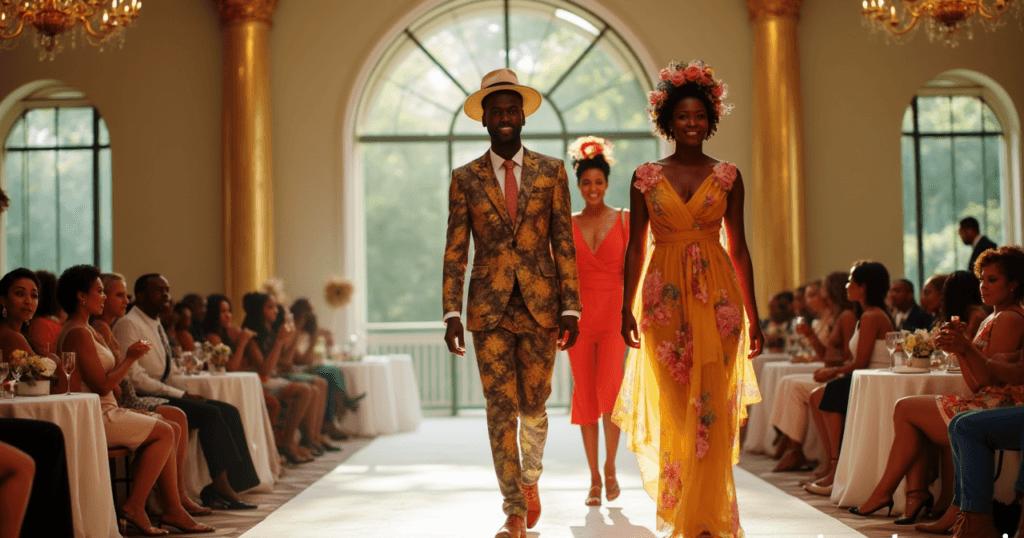 Models walk the runway at The Links Brunch Fashion Show, wearing vibrant floral outfits 