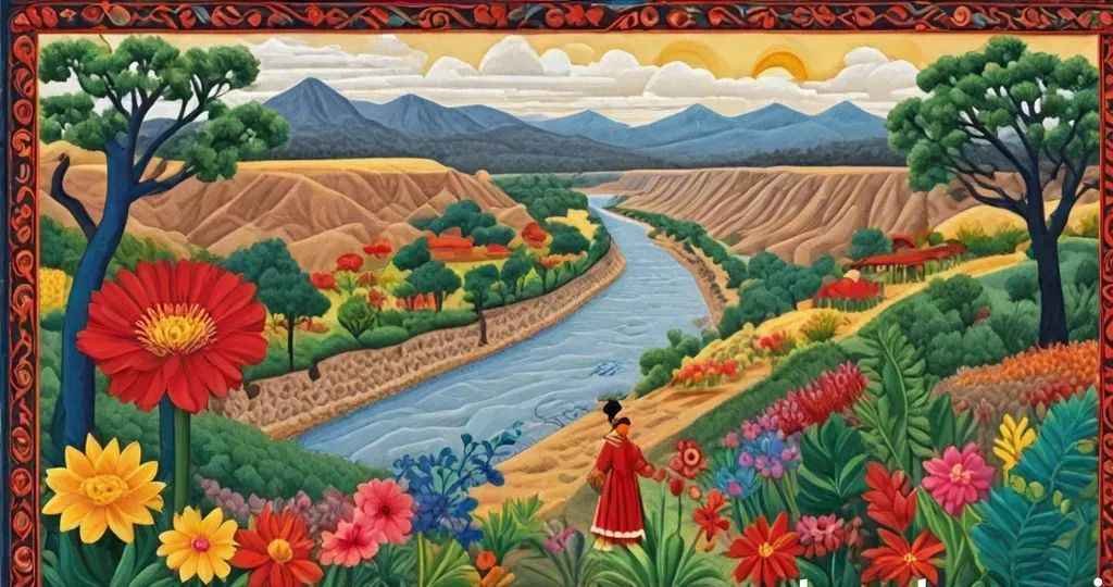 Mural illustrating the Tehuantepec neck branches river flowing between lush valleys filled with colorful flowers.