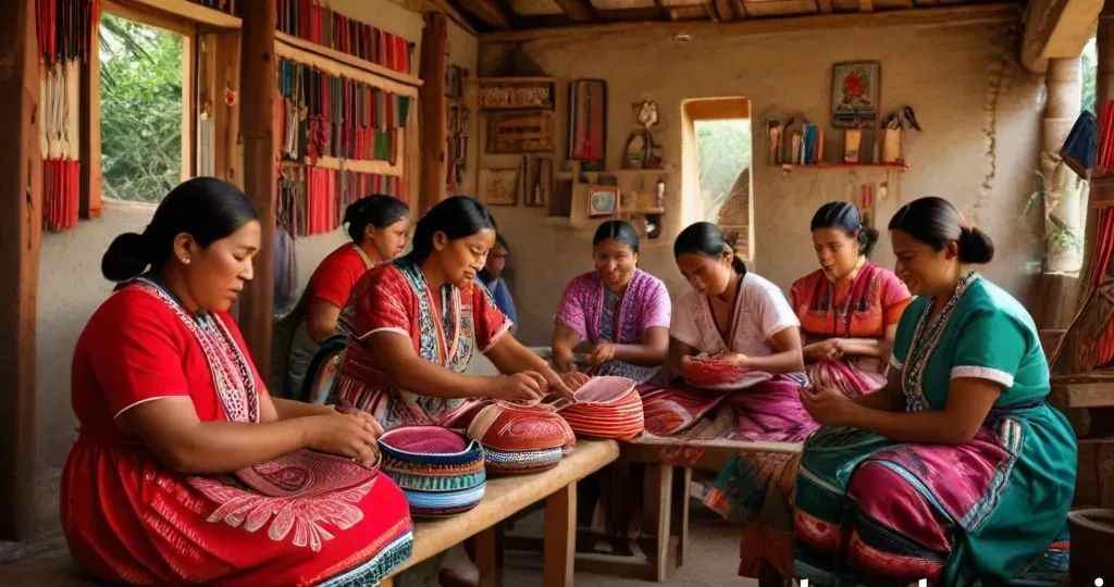 Women artisans hand-embroidering colorful textiles in a workshop, preserving Tehuantepec neck branches fashion through traditional techniques.
