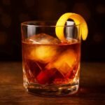 Classic old fashioned mix cocktail with orange peel and cherry garnish served in a crystal glass.