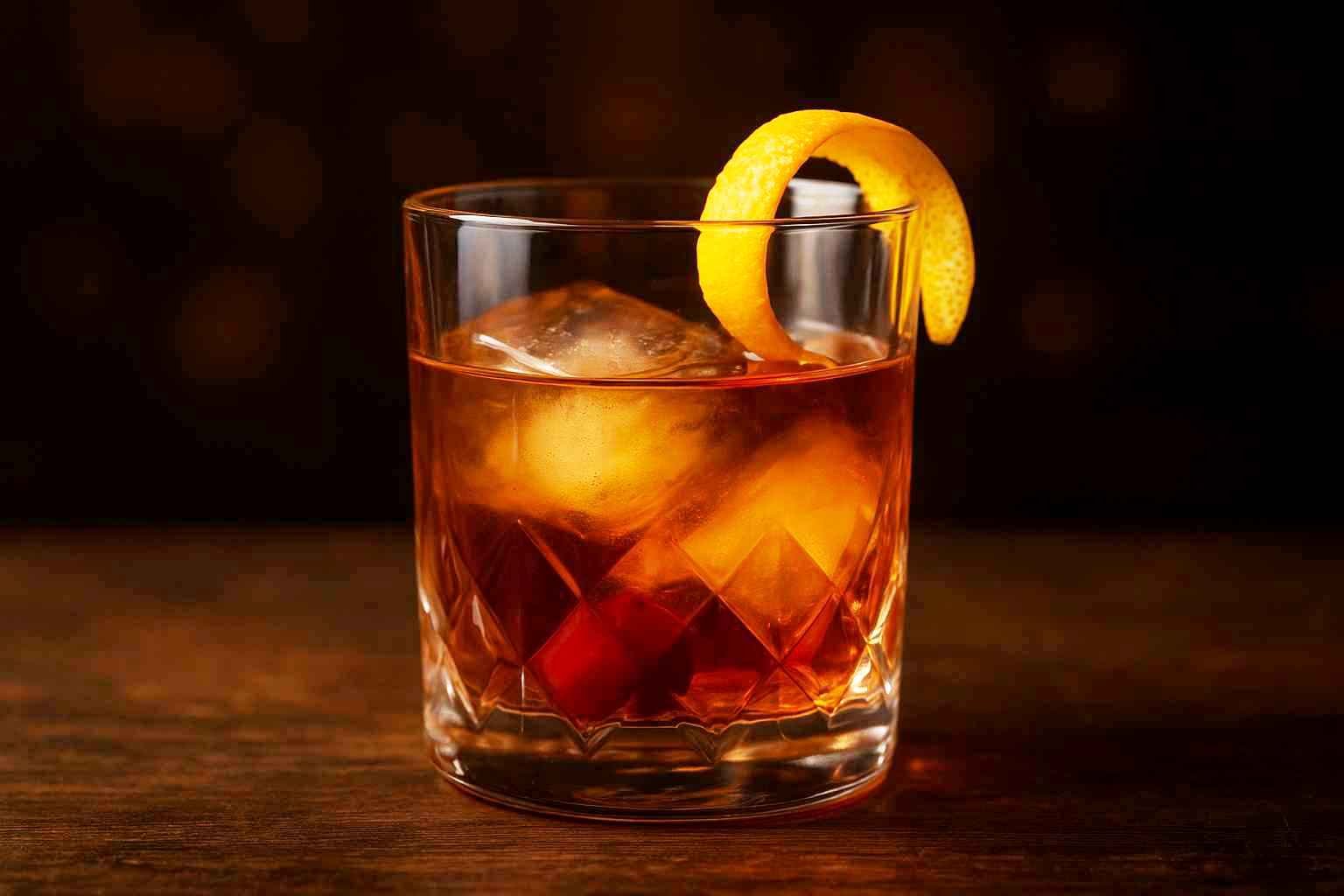 Classic old fashioned mix cocktail with orange peel and cherry garnish served in a crystal glass.