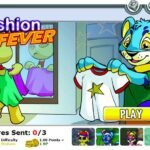 Screenshot of the Fashion Fever Neopets game showing a blue Kougra holding a star t-shirt ready to play the dress-up challenge.