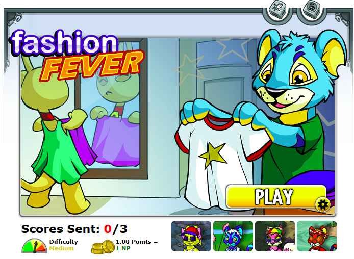 Screenshot of the Fashion Fever Neopets game showing a blue Kougra holding a star t-shirt ready to play the dress-up challenge.