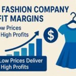 Digital illustration showing fast fashion company profit margins , supply chain, and sustainability impact with factories, fashion retail stores, and charts