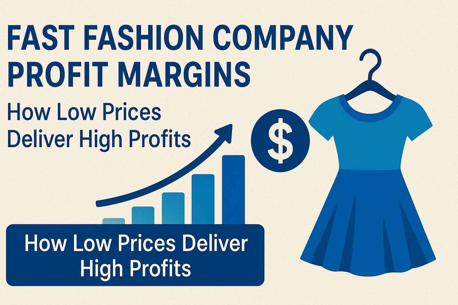 Digital illustration showing fast fashion company profit margins , supply chain, and sustainability impact with factories, fashion retail stores, and charts