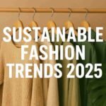 Sustainable fashion trends 2025 featuring eco-friendly clothing in neutral and green tones symbolizing ethical and circular fashion innovation.