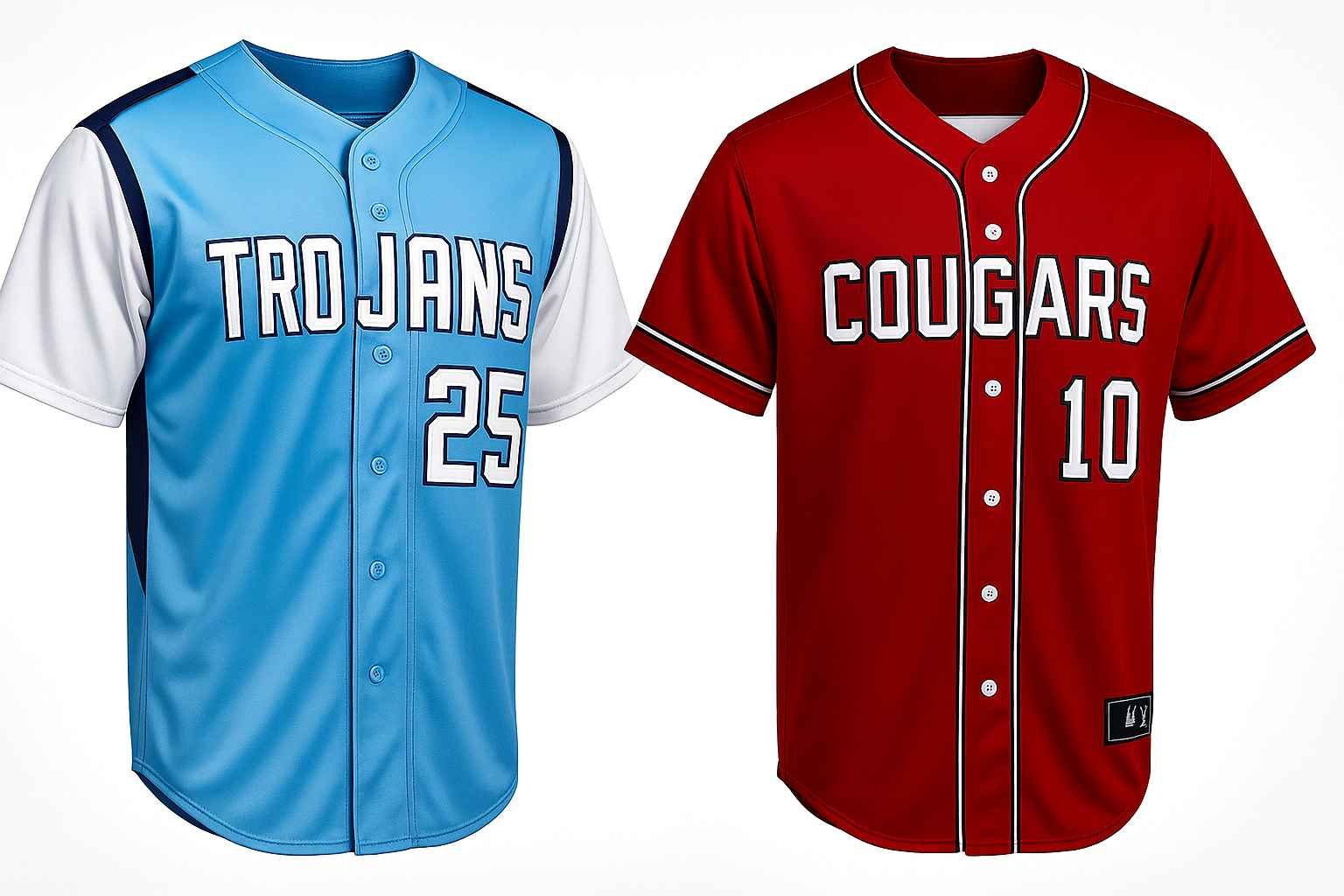 Two stylish baseball jerseys, one blue "Trojans" jersey and one red "Cougars" jersey , displayed side by side on a white background.