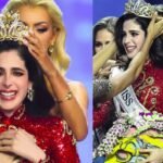 Fatima Bosch, Miss Universe 2025 winner from Mexico, with tears of joy as a blonde woman places a gold
