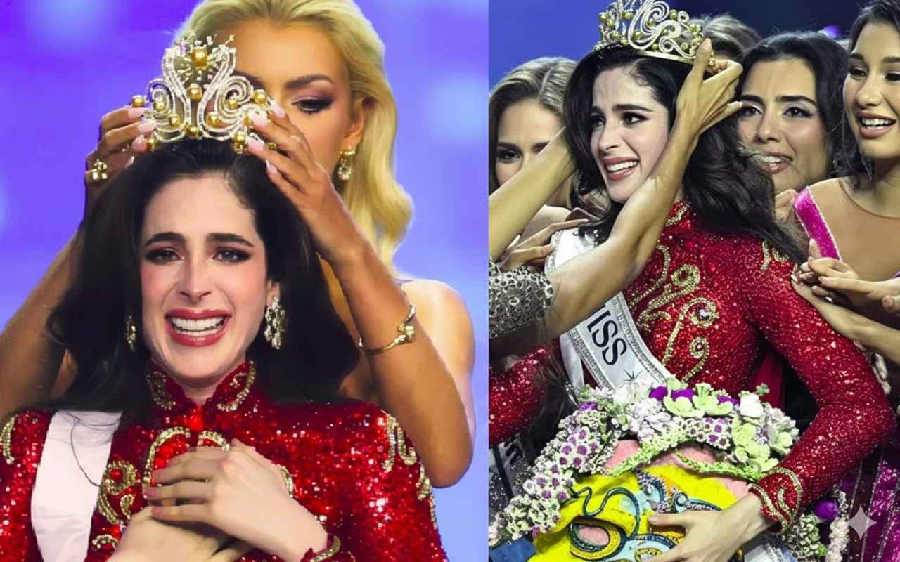 Fatima Bosch, Miss Universe 2025 winner from Mexico, with tears of joy as a blonde woman places a gold